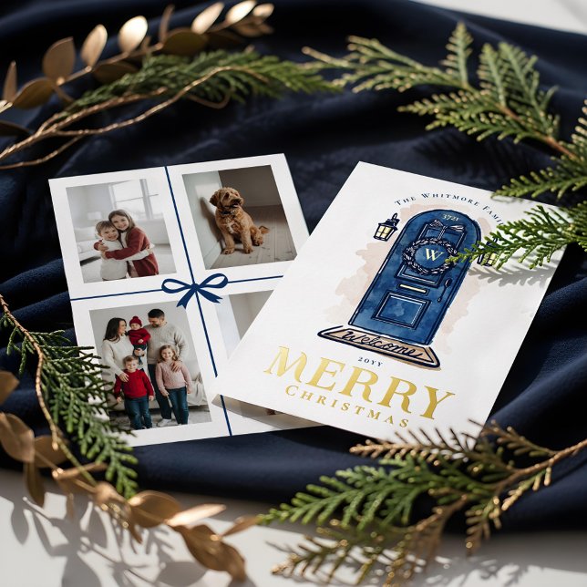 Watercolor Hand Drawn Navy Door Christmas Wreath Foil Holiday Card (Watercolor Hand Drawn Navy Door Christmas Wreath Foil Holiday Card)
