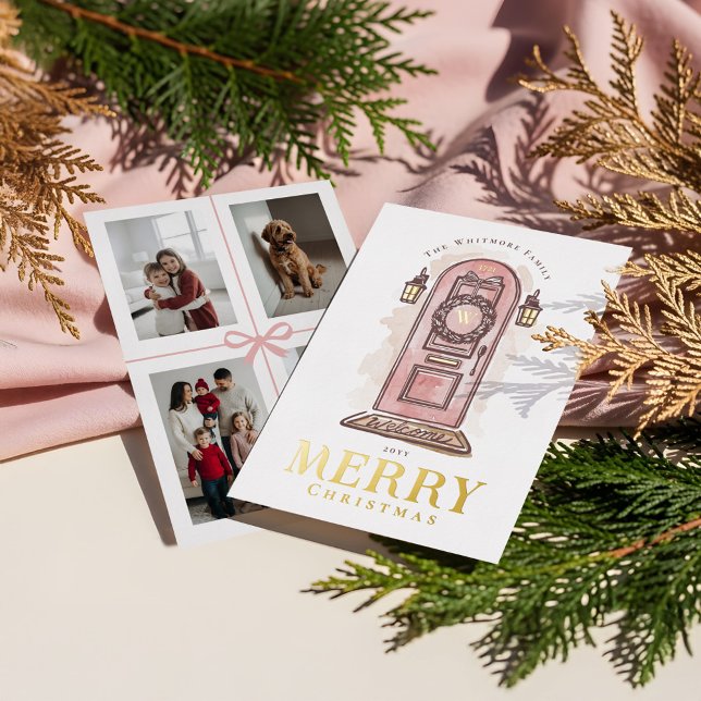 Watercolor Hand Drawn Pink Door Christmas Wreath Foil Holiday Card (Watercolor Hand Drawn Pink Door Christmas Wreath Foil Holiday Card)
