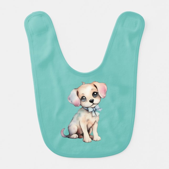 Watercolor Hand Drawn Puppy With Bow Baby Blanket Bib (Front)