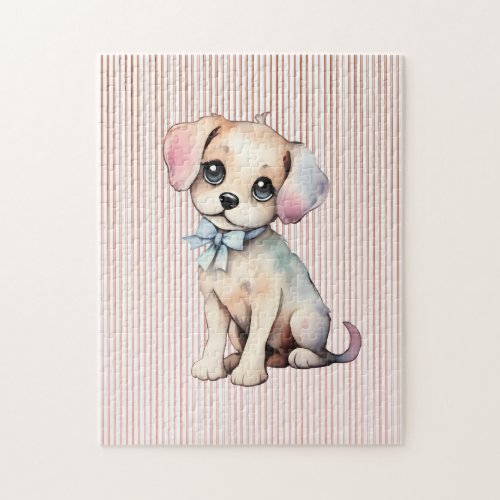 Watercolor Hand Drawn Puppy With Powder Blue Bow Jigsaw Puzzle