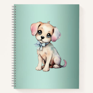 Watercolor Hand Drawn Puppy With Powder Blue Bow Notebook