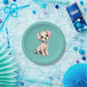 Watercolor Hand Drawn Puppy With Powder Blue Bow Paper Plates