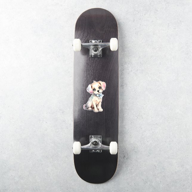 Watercolor Hand Drawn Puppy With Powder Blue Bow Sticker (Skateboard)