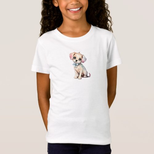 Watercolor Hand Drawn Puppy With Powder Blue Bow T_Shirt