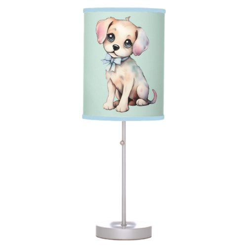 Watercolor Hand Drawn Puppy With Powder Blue Bow Table Lamp