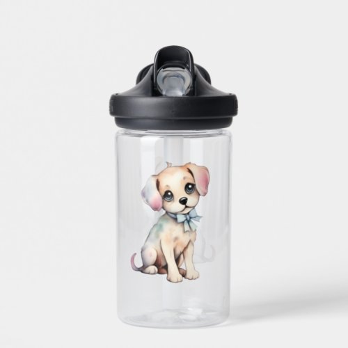 Watercolor Hand Drawn Puppy With Powder Blue Bow Water Bottle