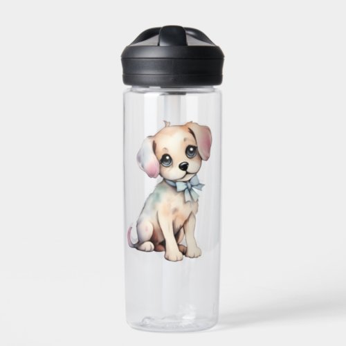 Watercolor Hand Drawn Puppy With Powder Blue Bow Water Bottle