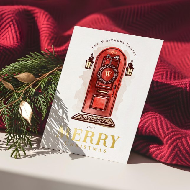 Watercolor Hand Drawn Red Door Christmas Wreath Foil Holiday Card (Watercolor Hand Drawn Red Door Christmas Wreath Foil Holiday Card)