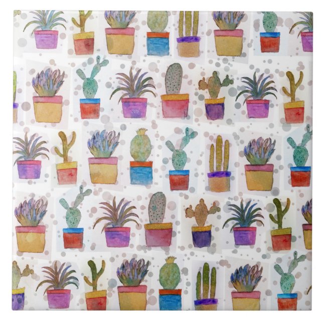 Watercolor hand paint cactus pattern ceramic tile (Front)