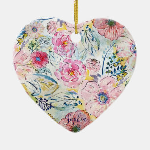 Watercolor hand paint floral design ceramic ornament