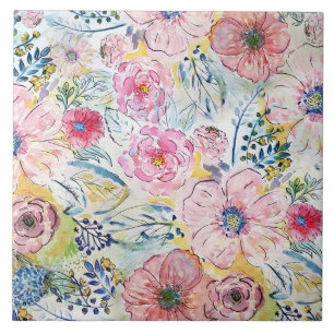 Watercolor hand paint floral design ceramic tile