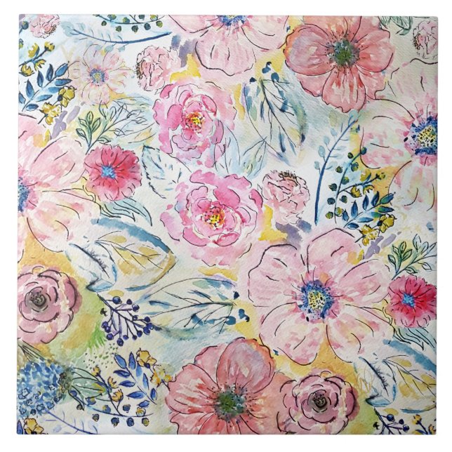 Watercolor hand paint floral design ceramic tile (Front)
