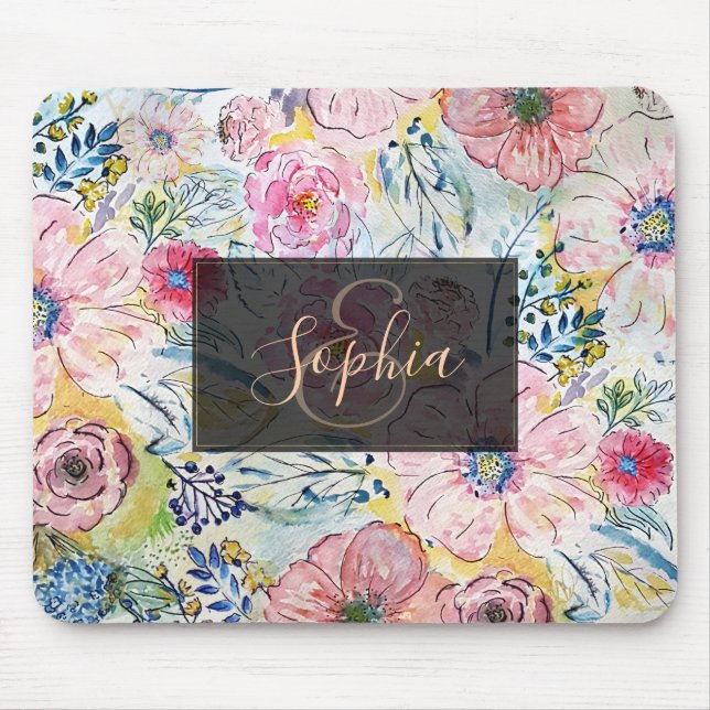 Watercolor hand paint floral design mouse pad (Front)