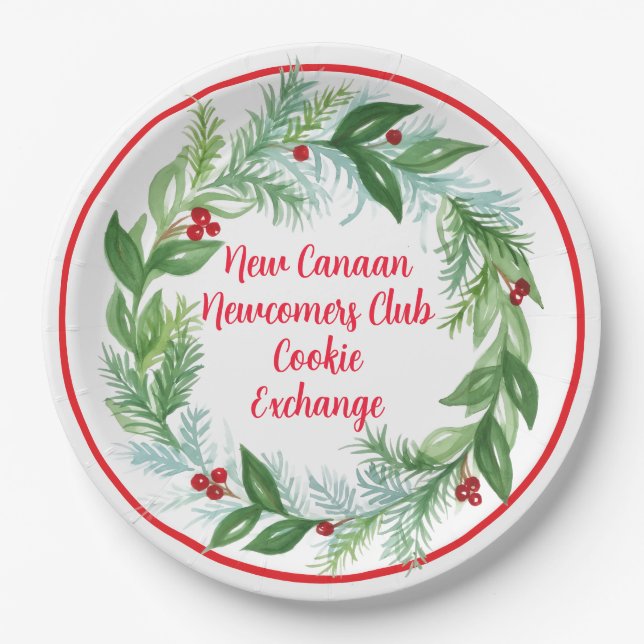 Watercolor Hand painted Christmas Holiday Wreath Paper Plates (Front)
