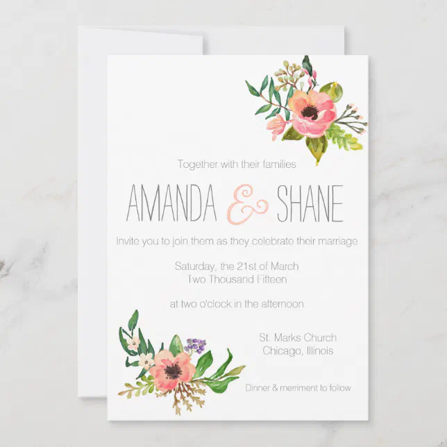 Watercolor hand painted Floral Wedding Invitation | Zazzle