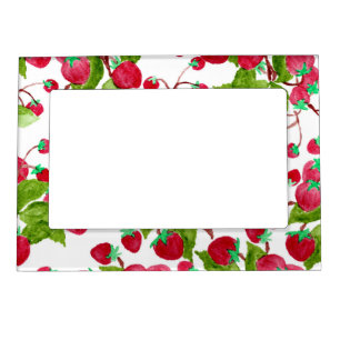 Watercolor hand painted red green strawberries magnetic photo frame