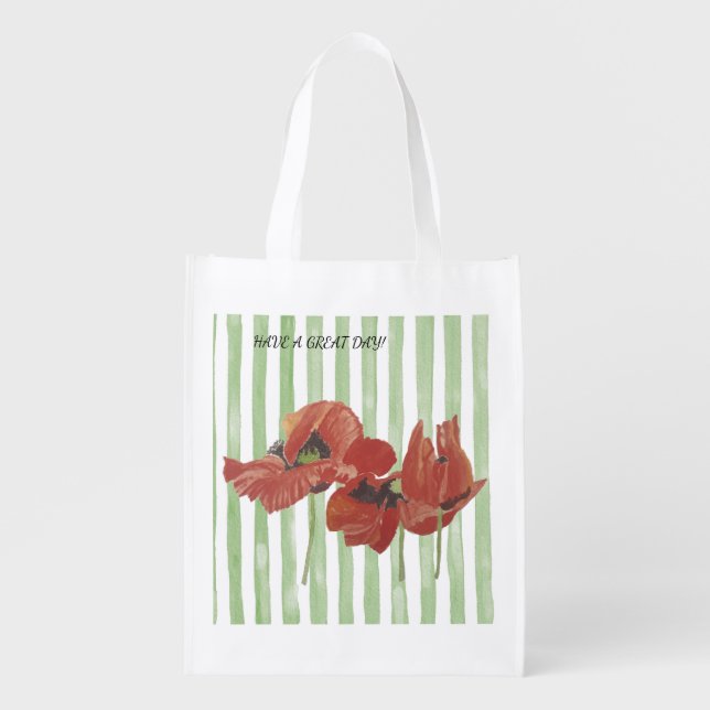 WATERCOLOR HAND PAINTED RED POPPIES  REUSABLE GROCERY BAG (Front)