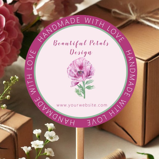 Watercolor Handmade With Love Poppy Business Classic Round Sticker (Creator Uploaded)