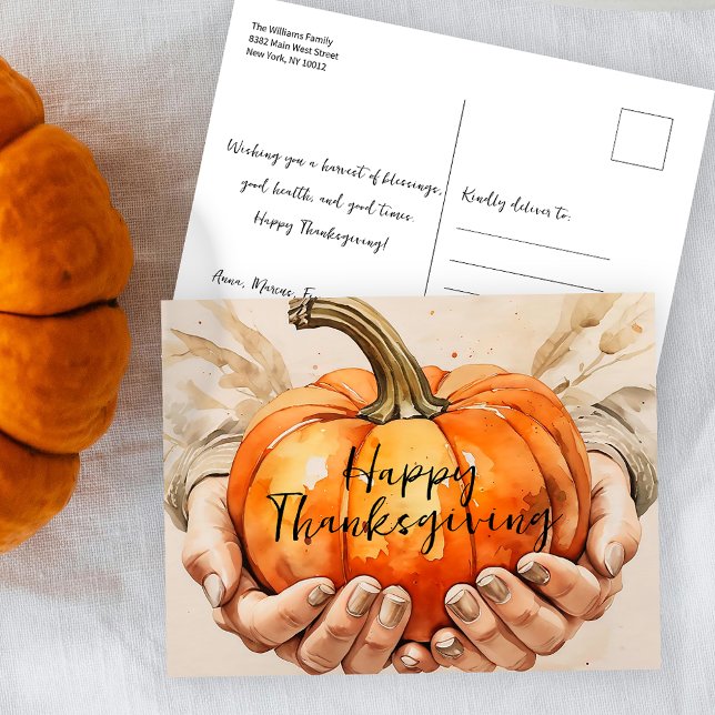 Watercolor Hands Holding a Pumpkin Thanksgiving Postcard (Creator Uploaded)