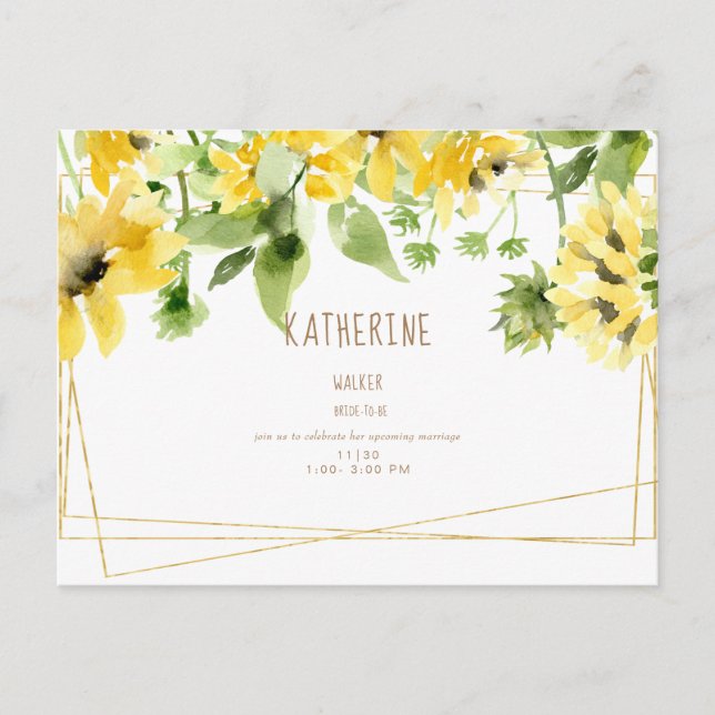  Watercolor Hanging Sunflowers Bridal Shower  Invi Invitation Postcard (Front)