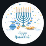 Watercolor Hanukkah Holiday Classic Round Sticker<br><div class="desc">A Hanukkah scene with a menorah,  sufganiyot (doughnuts),  dreidels,  and olive branches is rendered in a watercolor effect on this Chanukah sticker. Use as thank you stickers,  on Chanukah gifts,  or on holiday favors. Available with matching products.</div>