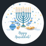 Watercolor Hanukkah Holiday Classic Round Sticker<br><div class="desc">A Hanukkah scene with a menorah,  sufganiyot (doughnuts),  dreidels,  and olive branches is rendered in a watercolor effect on this Chanukah sticker. Use as thank you stickers,  on Chanukah gifts,  or on holiday favors. Available with matching products.</div>
