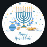 Watercolor Hanukkah Holiday Classic Round Sticker<br><div class="desc">A Hanukkah scene with a menorah,  sufganiyot (doughnuts),  dreidels,  and olive branches is rendered in a watercolor effect on this Chanukah sticker. Use as thank you stickers,  on Chanukah gifts,  or on holiday favors. Available with matching products.</div>