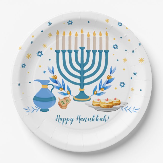 Watercolor Hanukkah Holiday Paper Plates (Front)