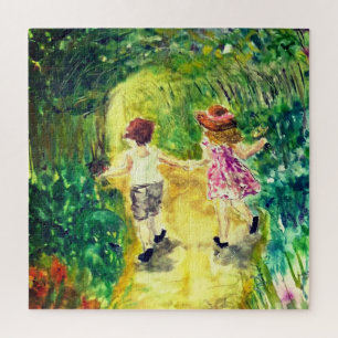 Watercolor - Happiness - Cute Little Girl and Boy Jigsaw Puzzle