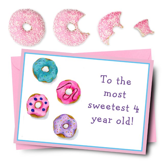 Watercolor Happy 4th Birthday Frosted Donuts Card (Satisfy their sweet tooth with a donut-filled birthday delight! Yum!)