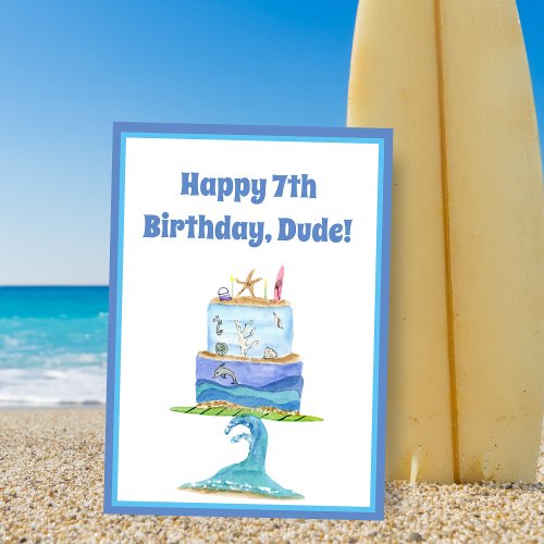 Watercolor Happy 7th Birthday Surfer Cake Card