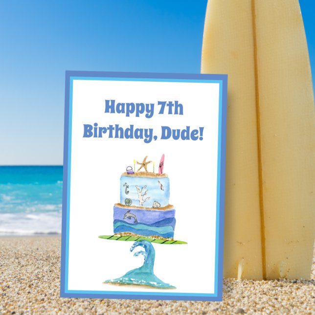 Watercolor Happy 7th Birthday Surfer Cake Card (Coastal Bliss: Wave-inspired birthday joy for beach-loving, adventurous kids)
