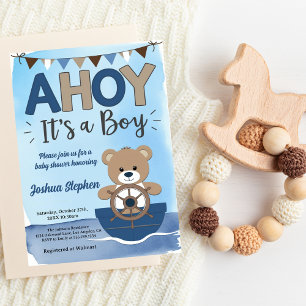 Watercolor Happy Bear Ahoy Its a Boy Baby Shower Invitation