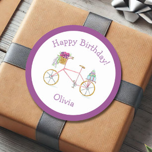 Watercolor Happy Birthday Bicycle Classic Round Sticker