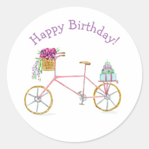 Watercolor Happy Birthday Bicycle Classic Round Sticker