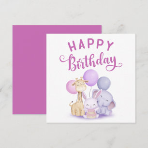 Watercolor Happy Birthday Cute Baby Party Animals Card