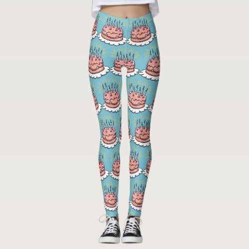 Watercolor Happy Birthday Pink Cake Celebration Leggings