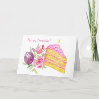Watercolor Happy Birthday Pink Frosting Cake Card