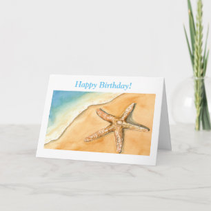 Watercolor Happy Birthday Starfish On Beach Card