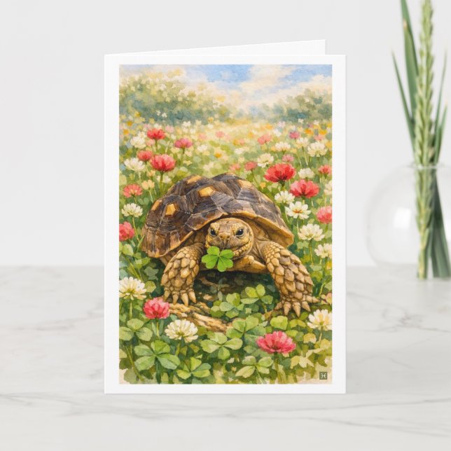 Watercolor Happy Birthday Turtle with lucky clover Card (Front)