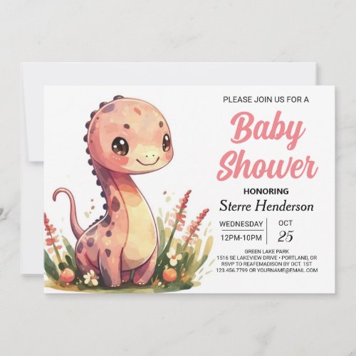 Watercolor Happy Boho Dinosaur Girl Baby Shower Invitation