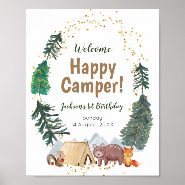 Watercolor Happy Camper 1st Birthday Welcome Sign (Front)