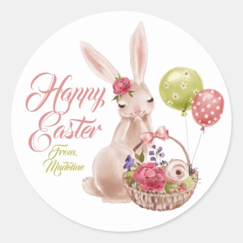 Watercolor Happy Easter Bunny Favor Classic Round Sticker