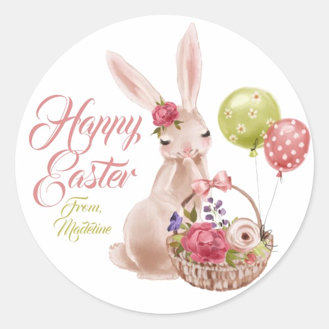 Watercolor Happy Easter Bunny Favor Classic Round Sticker (Front)