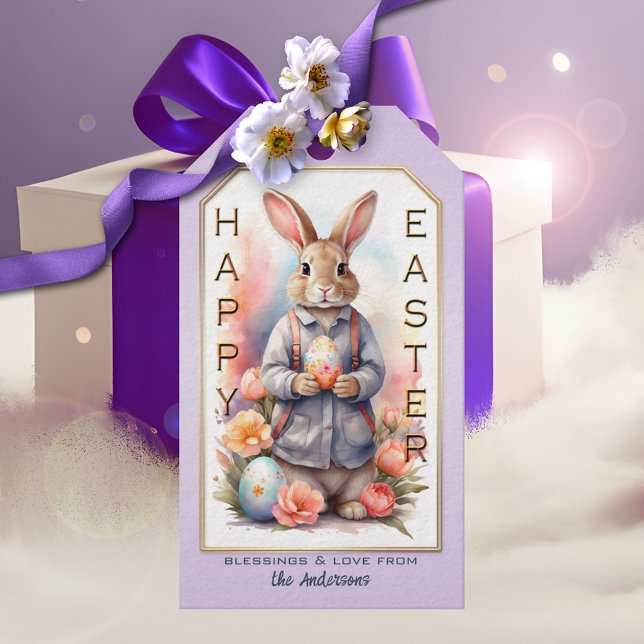 Watercolor Happy Easter Bunny Gift Tags (A pretty Easter gift tag featuring a watercolor bunny with flowers and eggs, framed by lilac)
