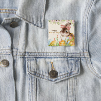 Watercolor Happy Easter Day Floral Bunny with Bow Button