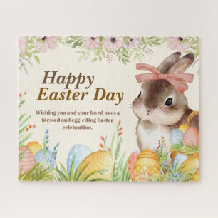 Watercolor Happy Easter Day Floral Bunny with Bow Jigsaw Puzzle