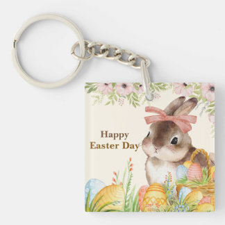Watercolor Happy Easter Day Floral Bunny with Bow Keychain