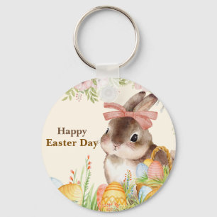 Watercolor Happy Easter Day Floral Bunny with Bow Keychain
