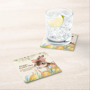 Watercolor Happy Easter Day Floral Bunny with Bow Square Paper Coaster